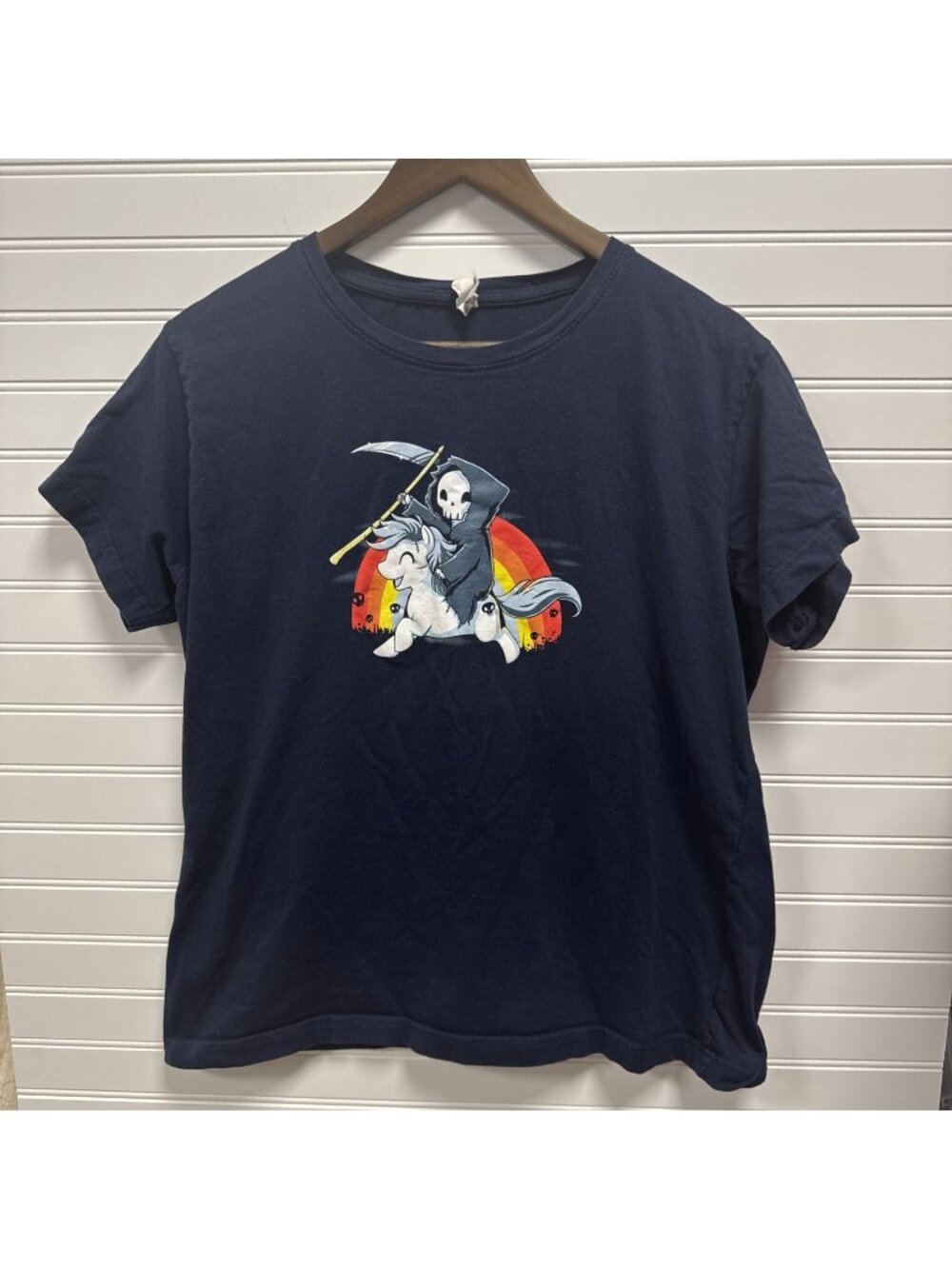 TEE Turtle T-Shirt Death Grim Reaper Pony Cute Doodle T Shirt Navy Womens XL